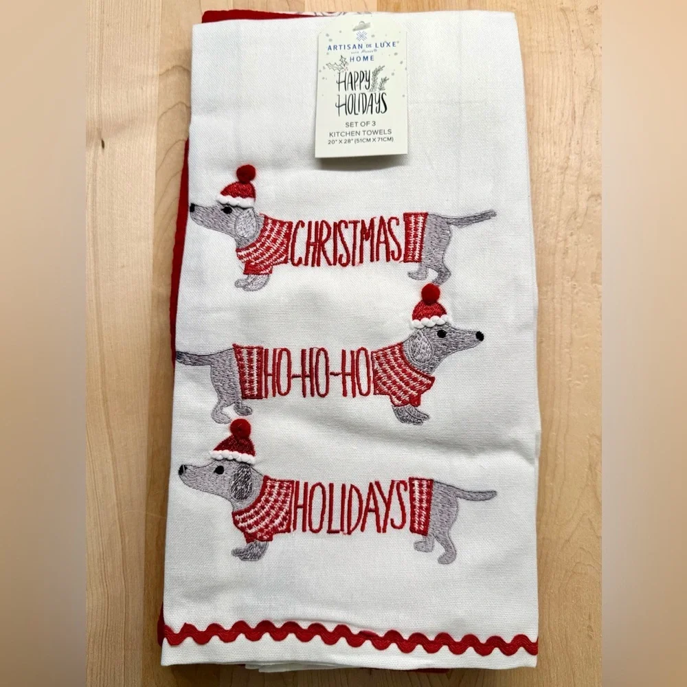 New Christmas Dachshund Weenie Dog Embroidered Kitchen Hand Towels Set of 3
